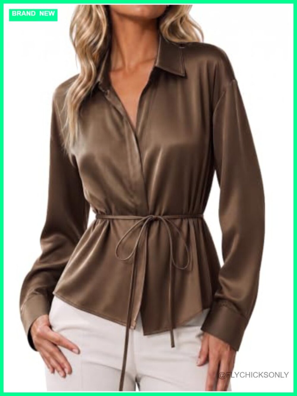 Satin Blouse V Neck Button Down Long Sleeve Dressy Office Top